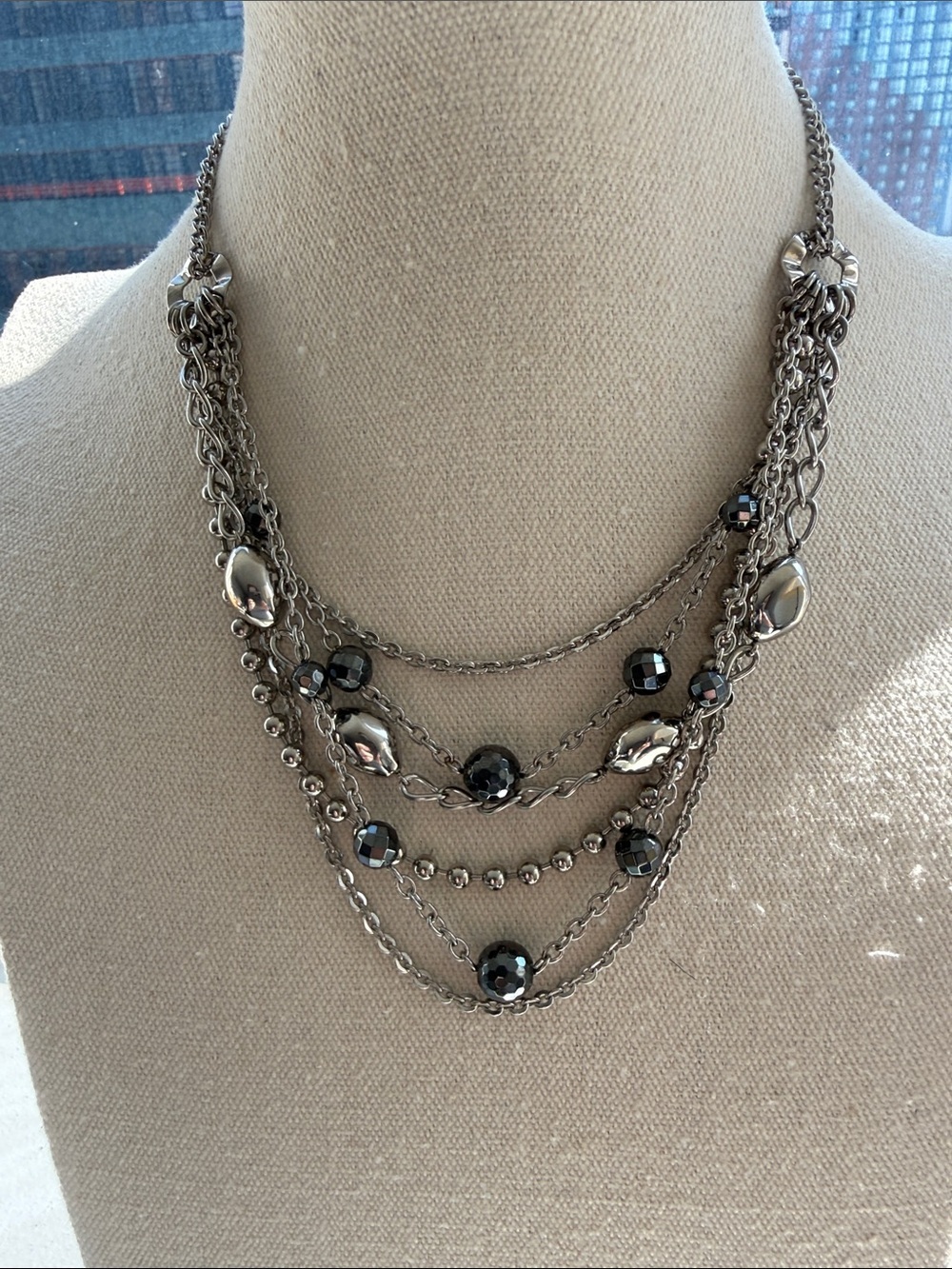 Milor Italy Multi Strand Stainless Steel Necklace with Faceted Hematite Stones.